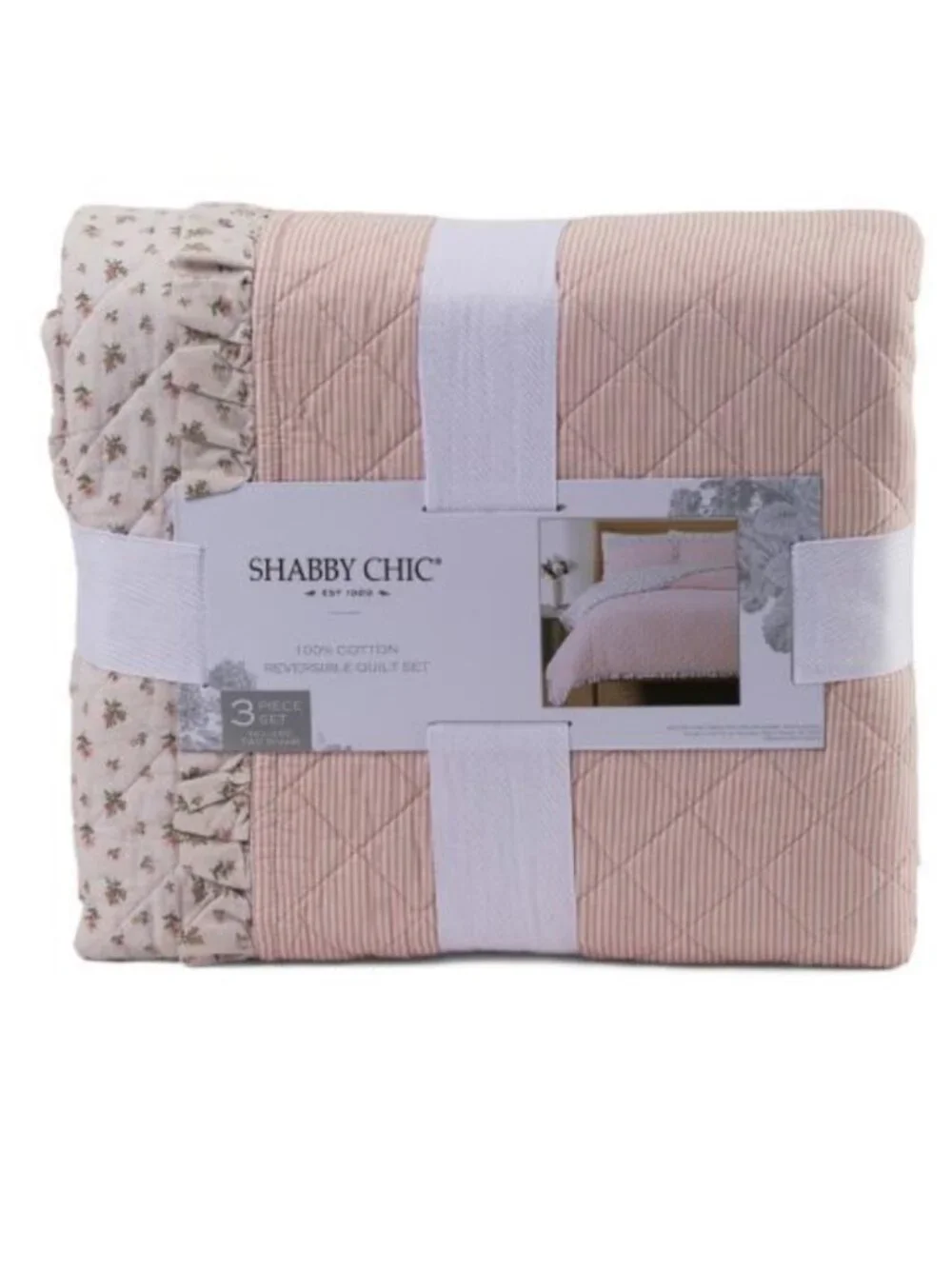 Shabby Chic Soft Pink Reversible Quilt Set with Floral Ruffle